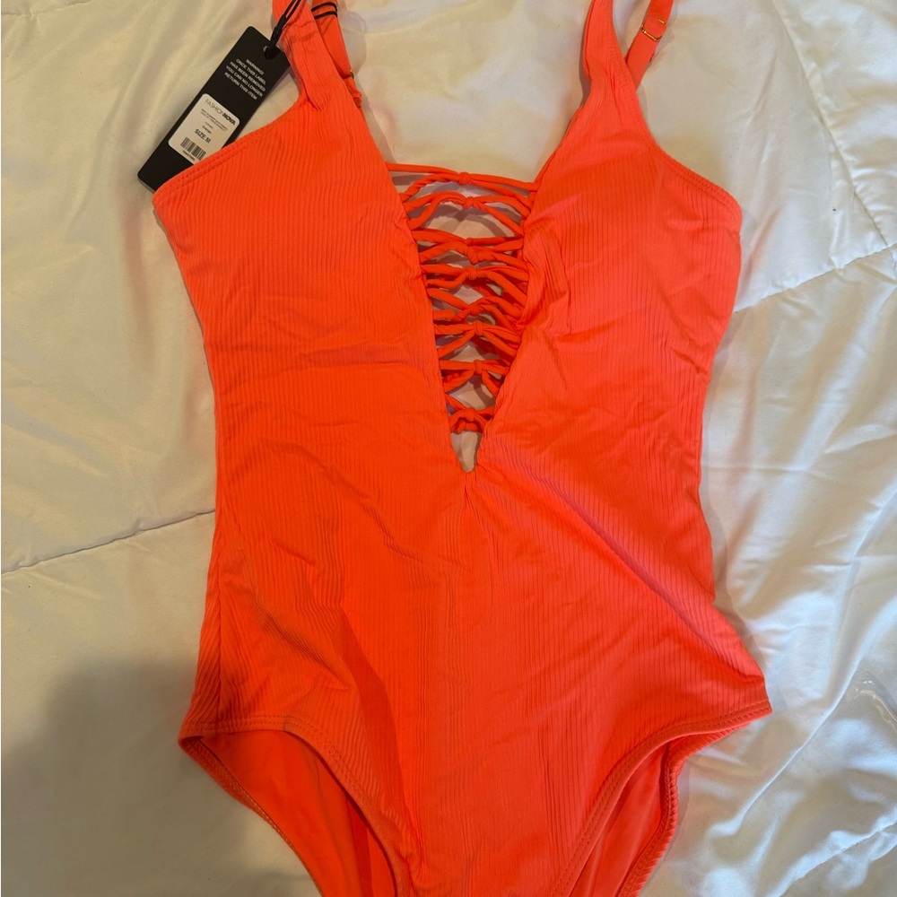Fashion Nova Neon Orange Lattice Front One-Piece